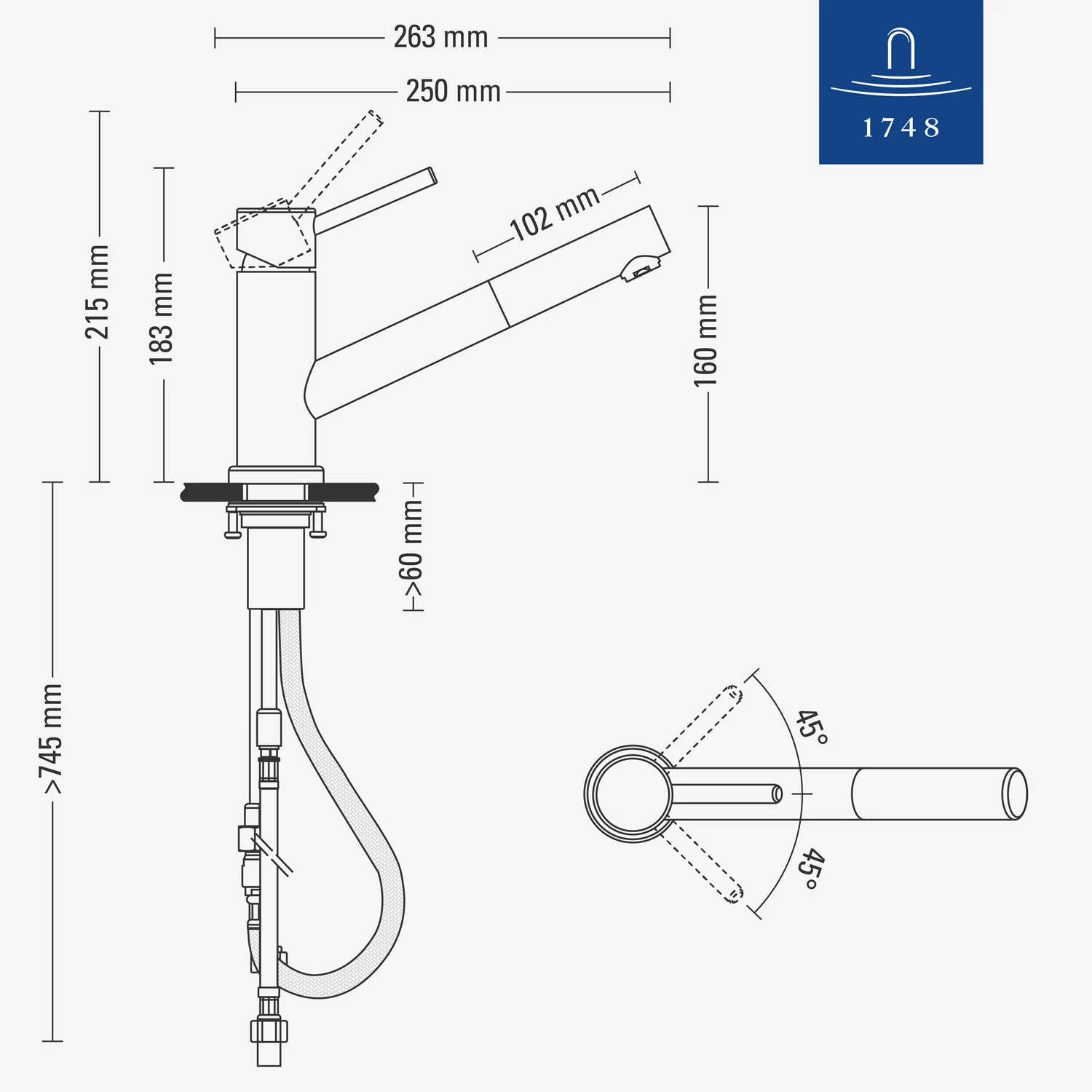 Rysunek techniczny baterii kuchennej z wymiarami, Villeroy & Boch