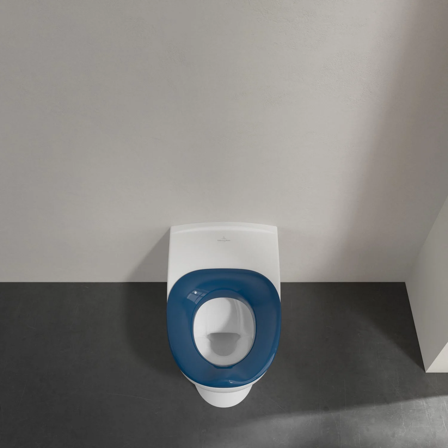 Biała toaleta z niebieskim siedziskiem z widokiem z góry, Villeroy & Boch