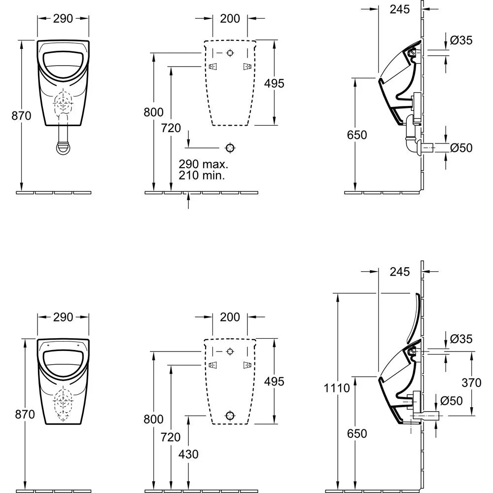Rysunek techniczny pisuaru z wymiarami, Villeroy & Boch