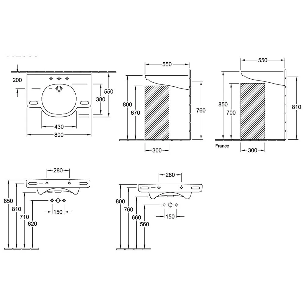 Rysunek techniczny umywalki z wymiarami, Villeroy & Boch
