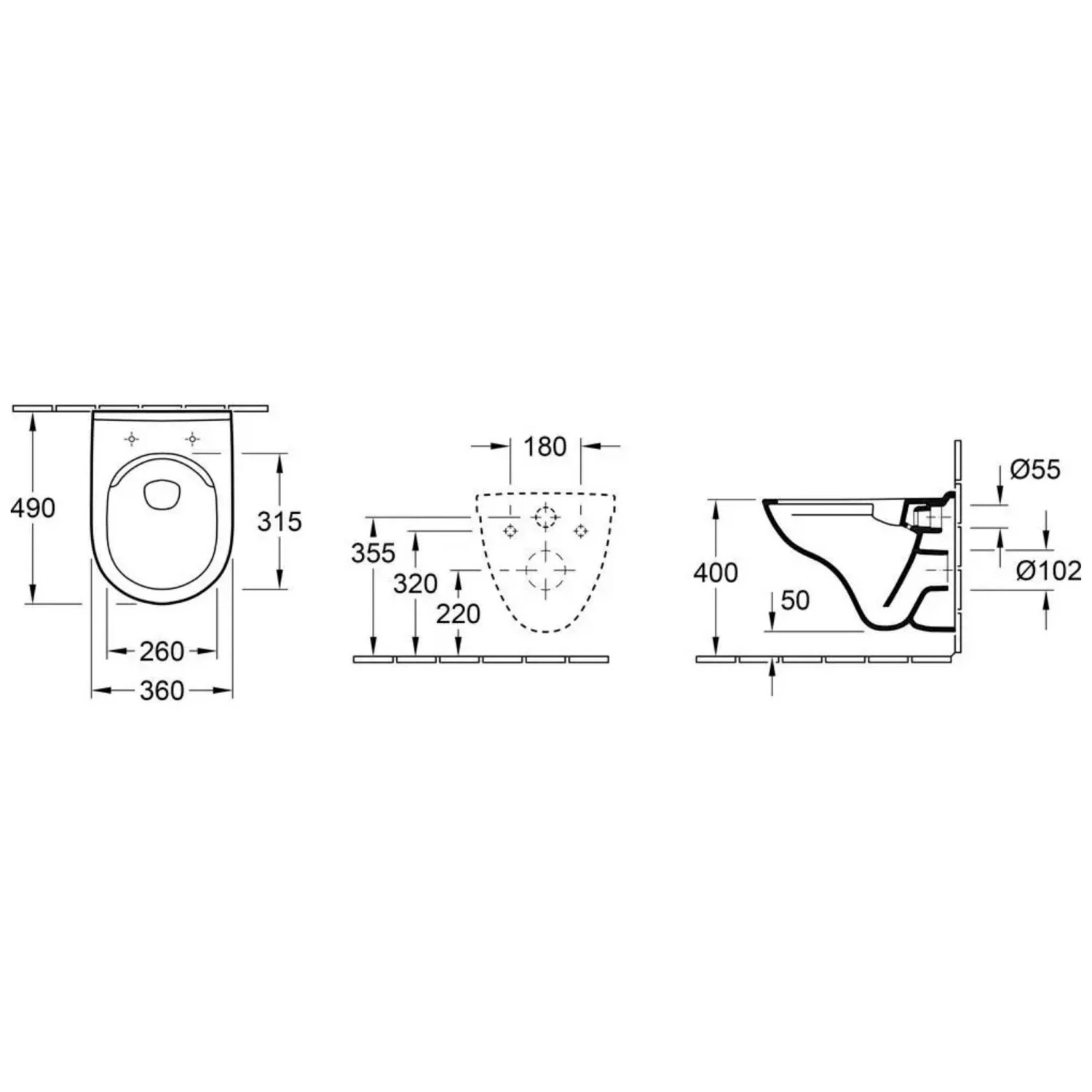 Rysunek techniczny toalety z wymiarami, Villeroy & Boch
