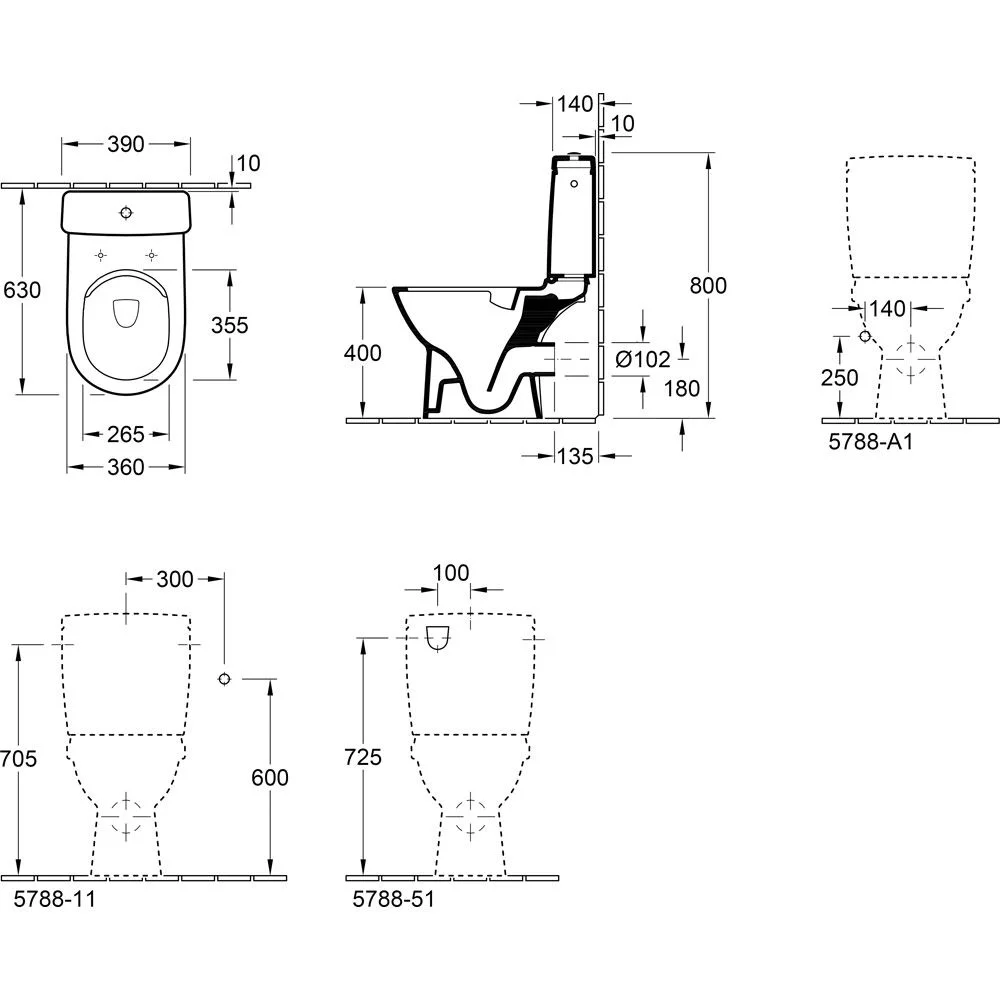 Rysunek techniczny toalety stojącej z wymiarami, Villeroy & Boch