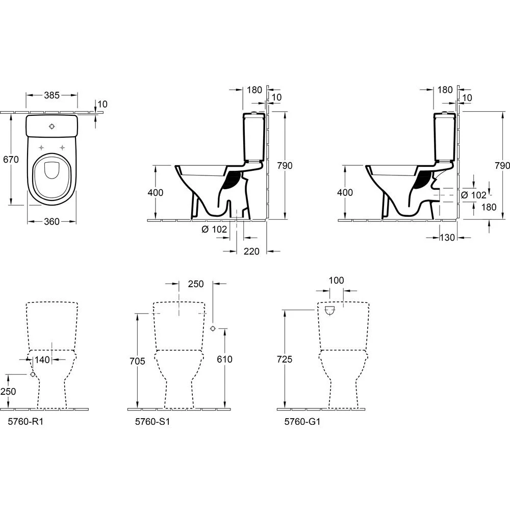 Rysunek techniczny toalety stojącej z wymiarami, Villeroy & Boch