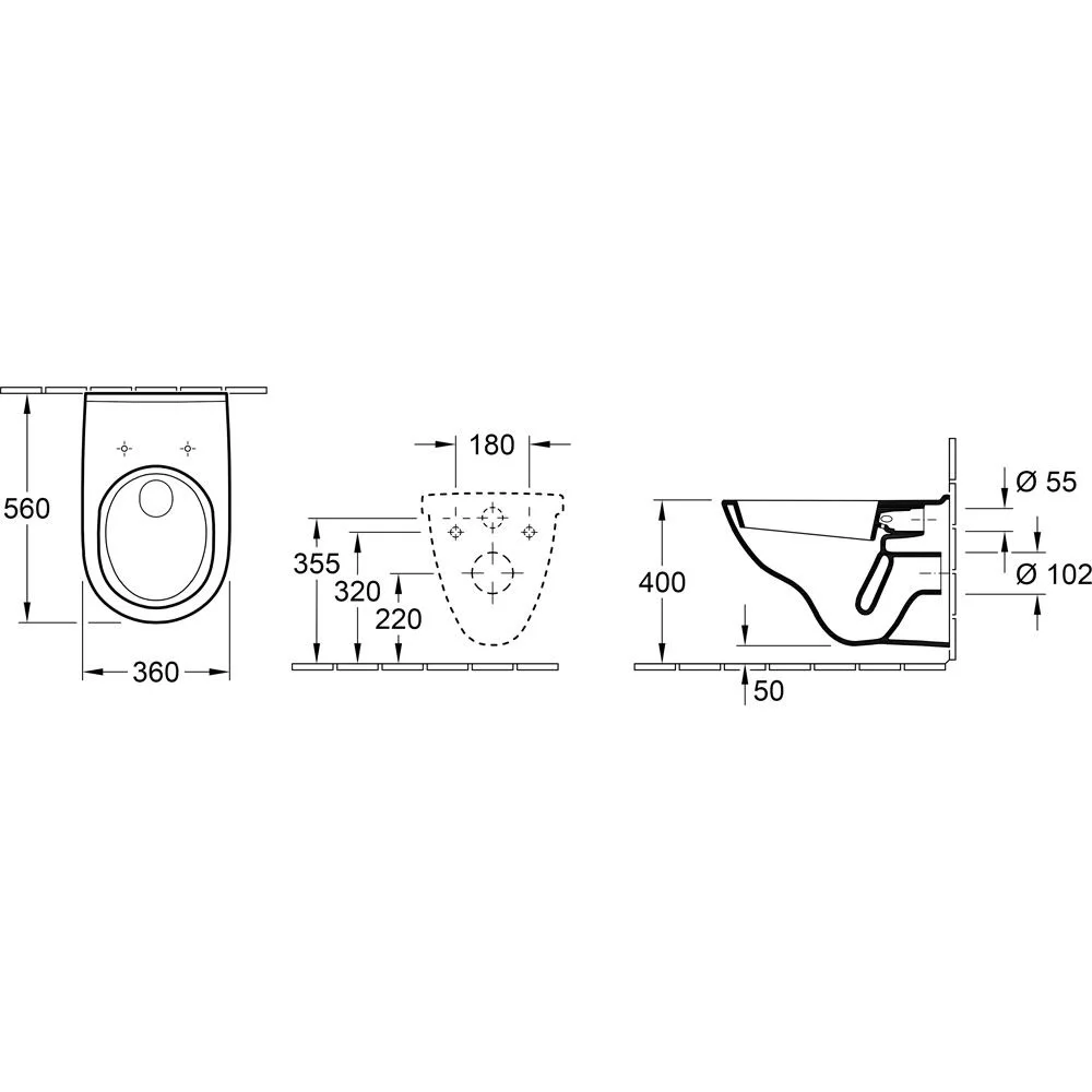 Rysunek techniczny toalety z wymiarami, Villeroy & Boch
