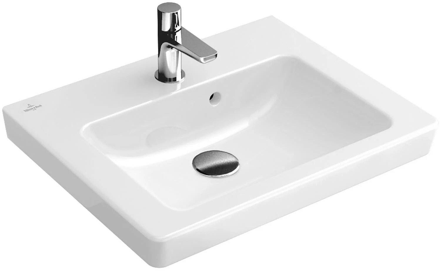 Biała prostokątna umywalka z baterią, Villeroy & Boch