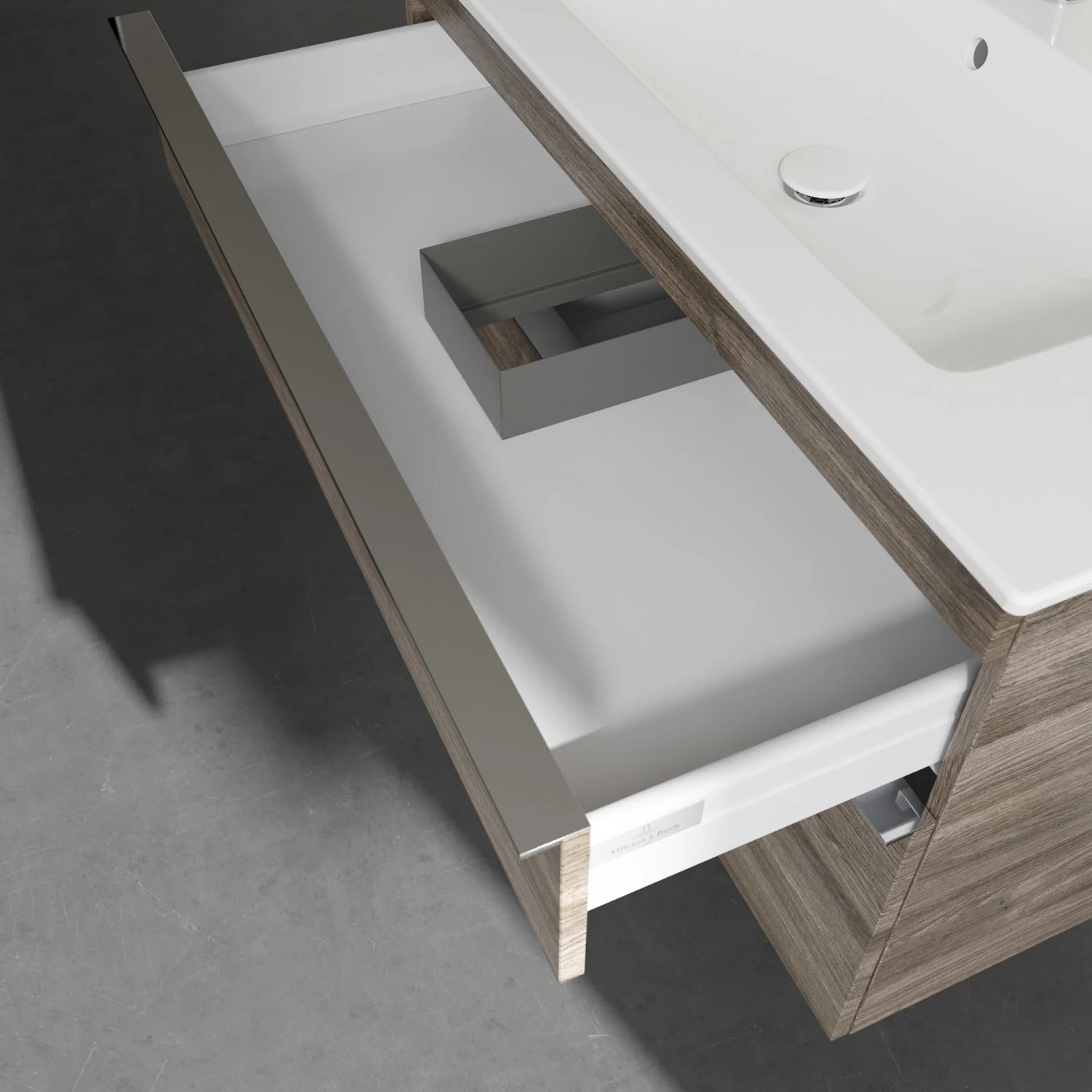 Zbliżenie szafki umywalkowej z otwartą szufladą, Villeroy & Boch