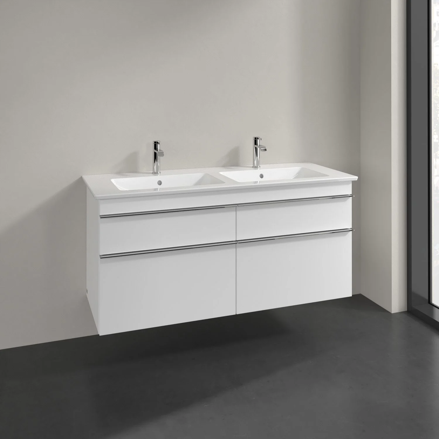 Biała szafka podumywalkowa z podwójną umywalką, Villeroy & Boch