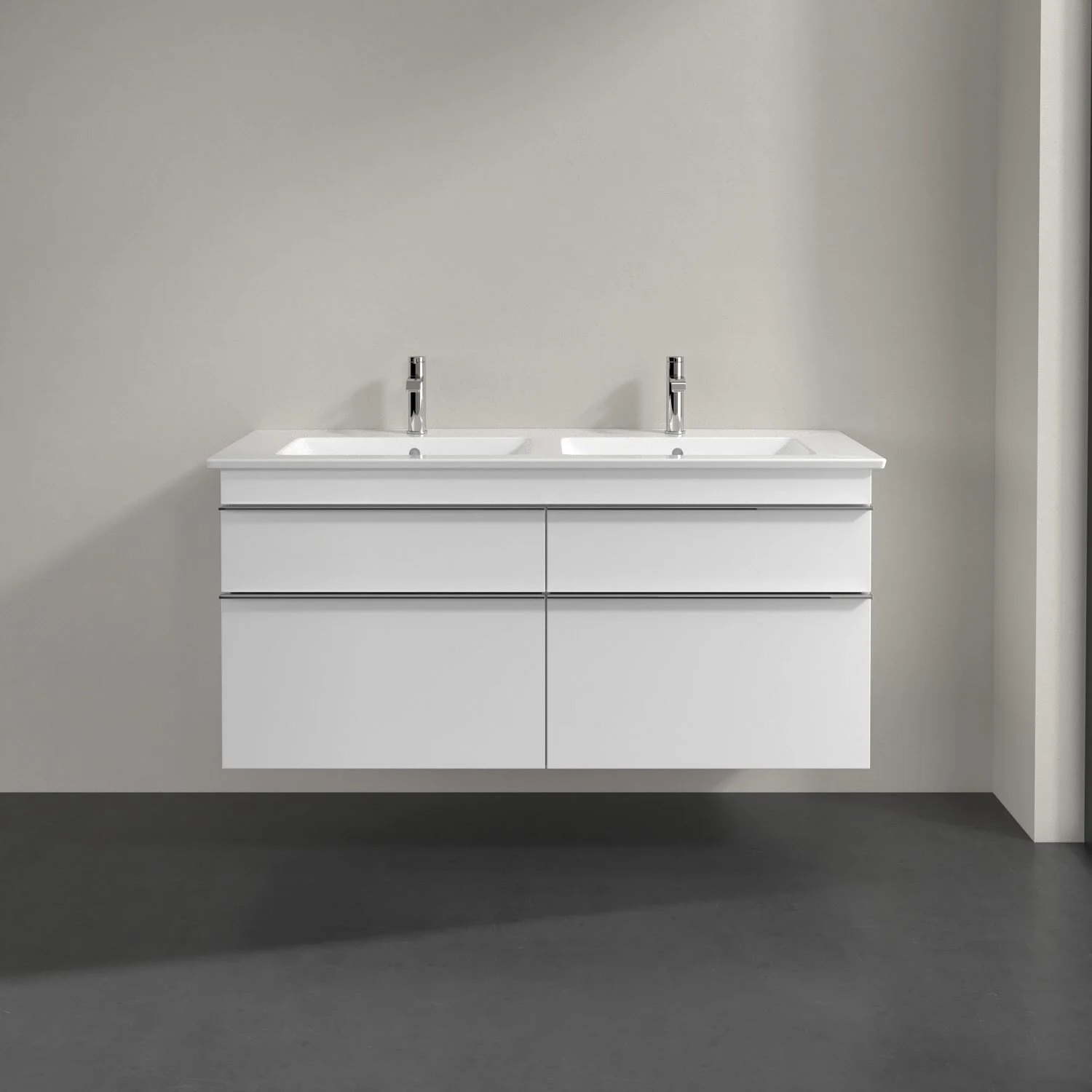 Biała szafka pod umywalkę z podwójną umywalką, Villeroy & Boch