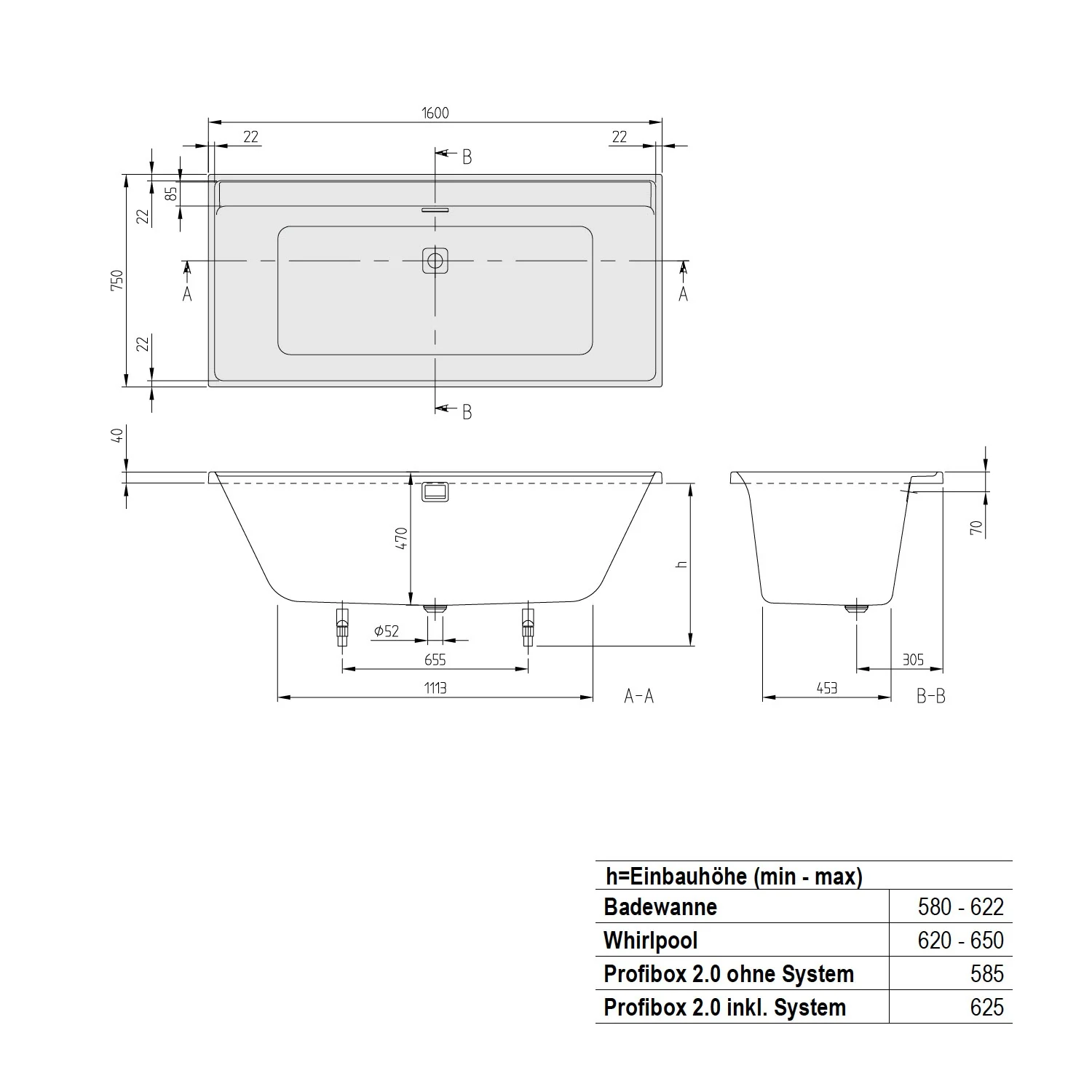 Rysunek techniczny wanny z wymiarami, Villeroy & Boch