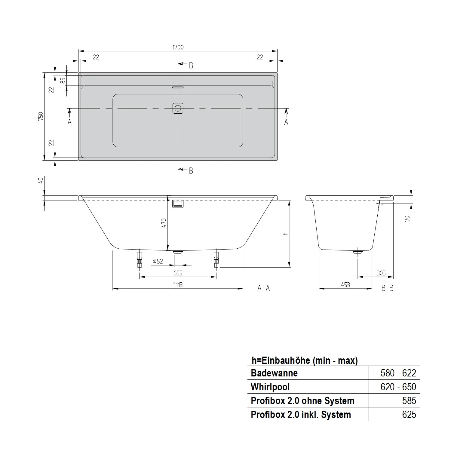 Rysunek techniczny wanny z wymiarami, Villeroy & Boch