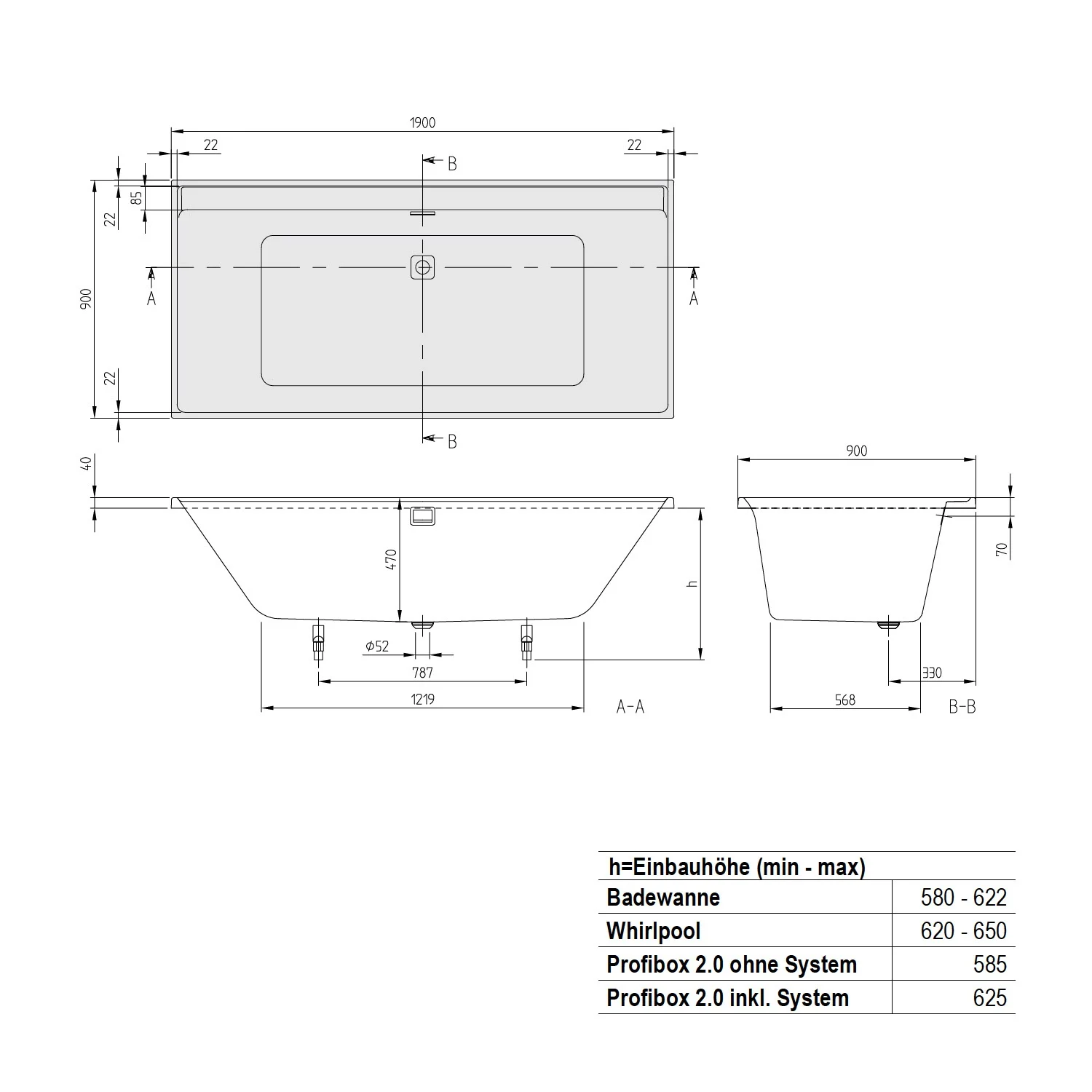 Rysunek techniczny wanny z wymiarami, Villeroy & Boch