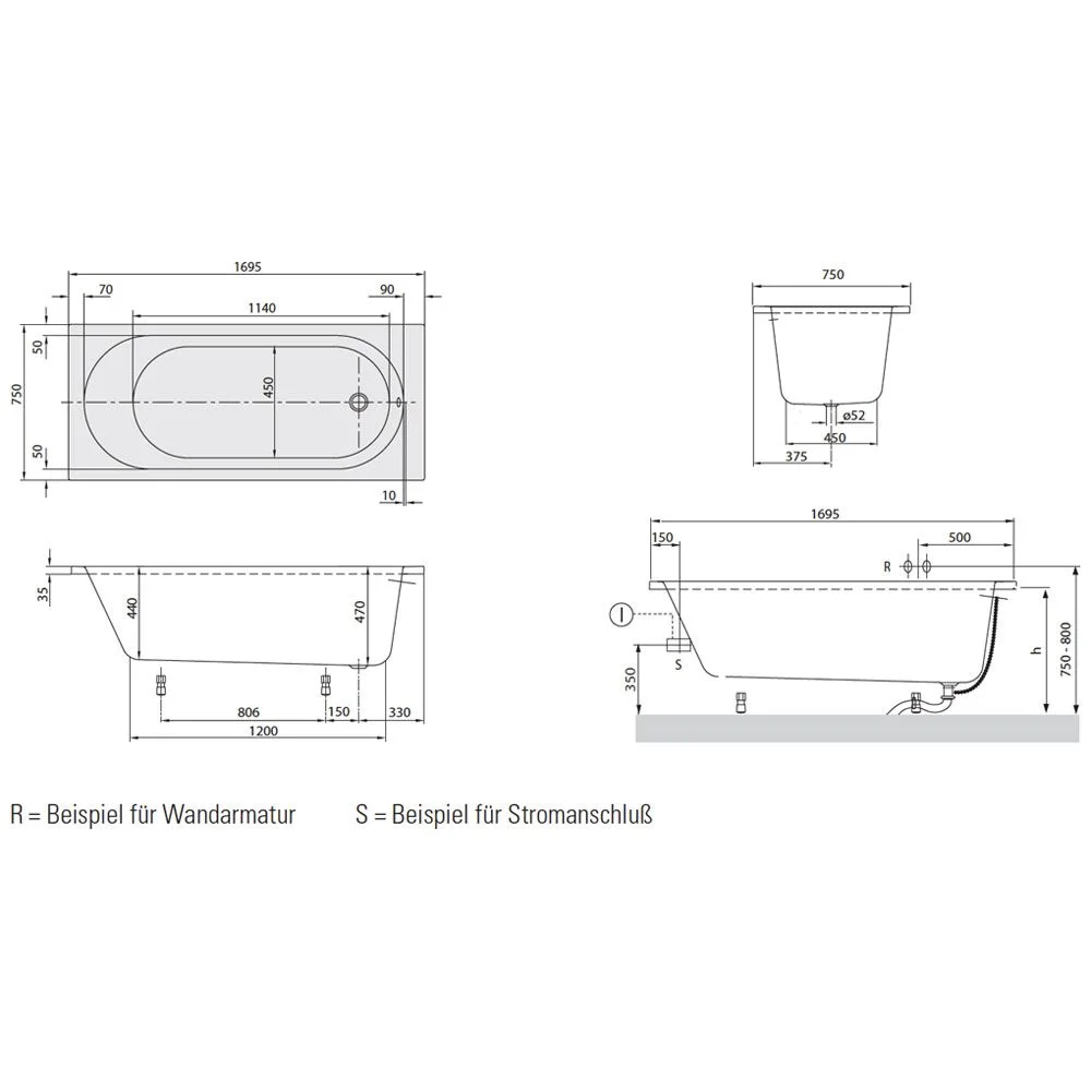 Rysunek techniczny wanny z wymiarami, Villeroy & Boch
