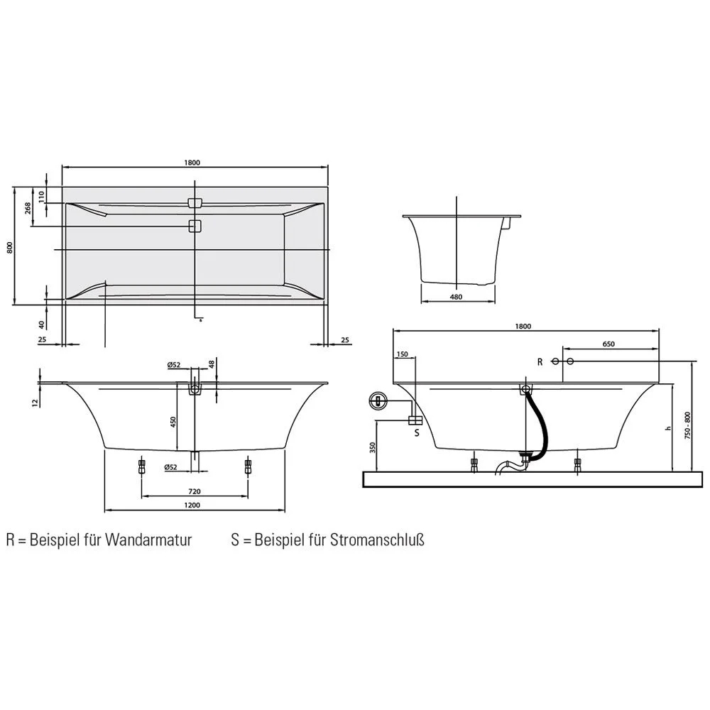Rysunek techniczny wanny z wymiarami, Villeroy & Boch