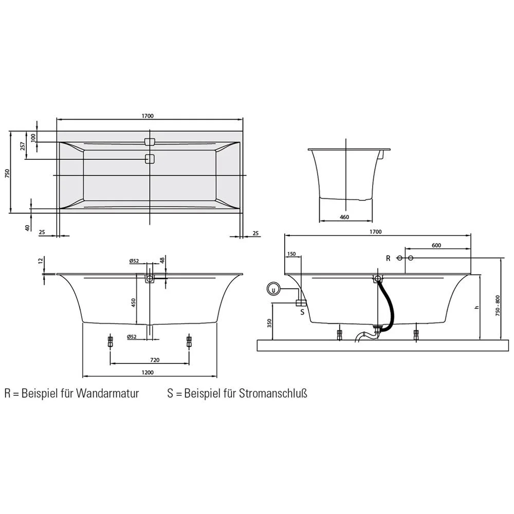 Rysunek techniczny wanny z hydromasażem z wymiarami, Villeroy & Boch