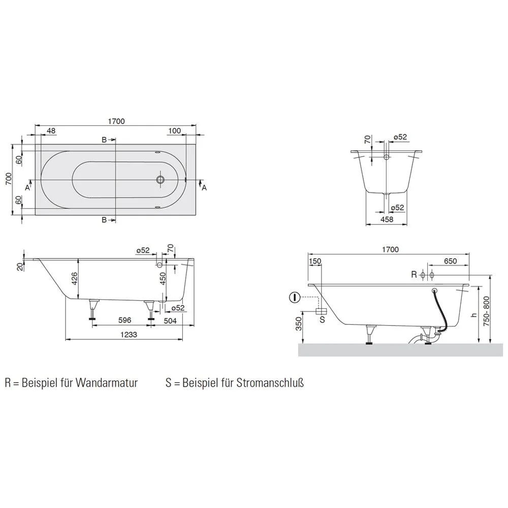 Rysunek techniczny wanny z wymiarami, Villeroy & Boch