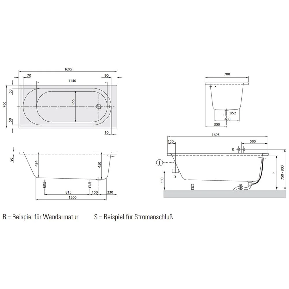 Rysunek techniczny wanny z wymiarami, Villeroy & Boch