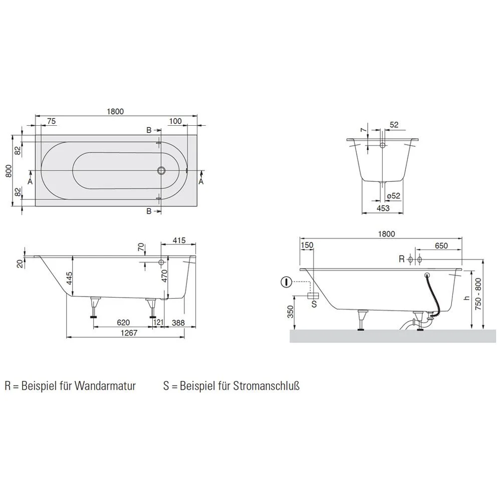 Rysunek techniczny wanny z wymiarami, Villeroy & Boch