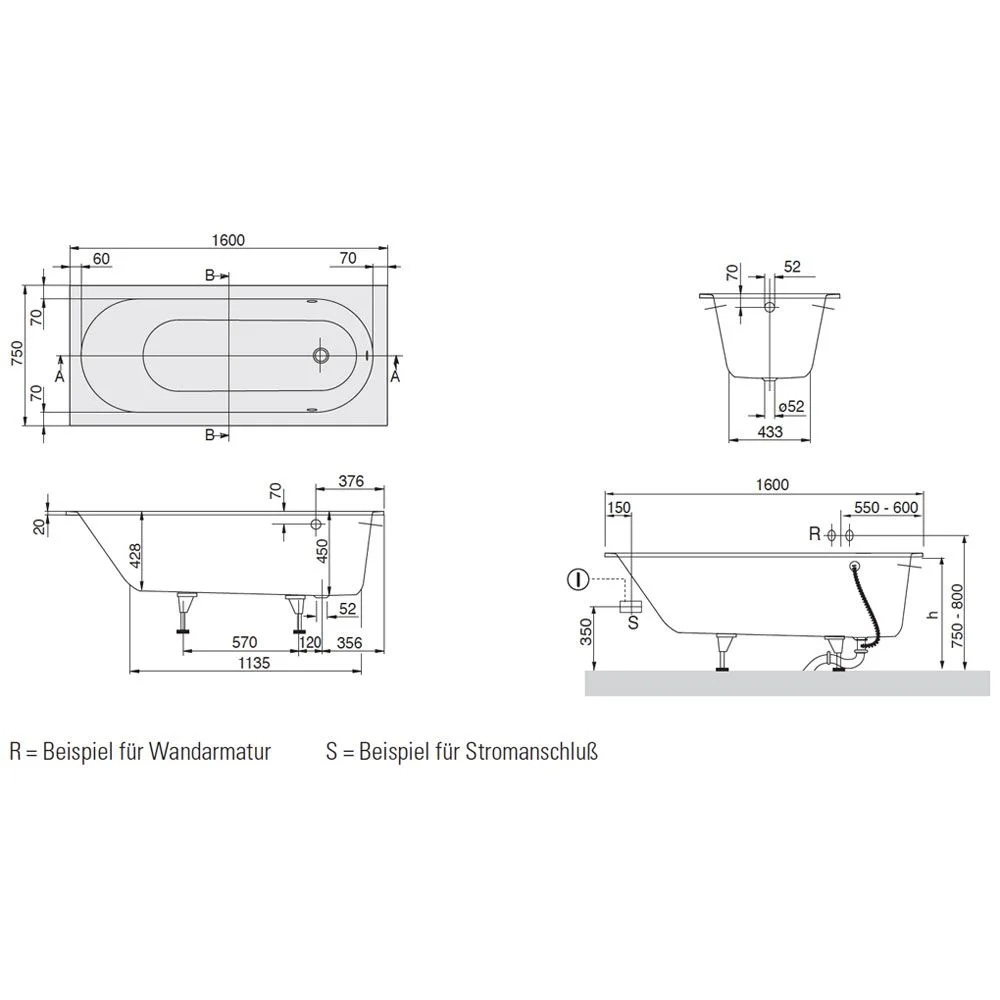 Rysunek techniczny wanny z wymiarami, Villeroy & Boch
