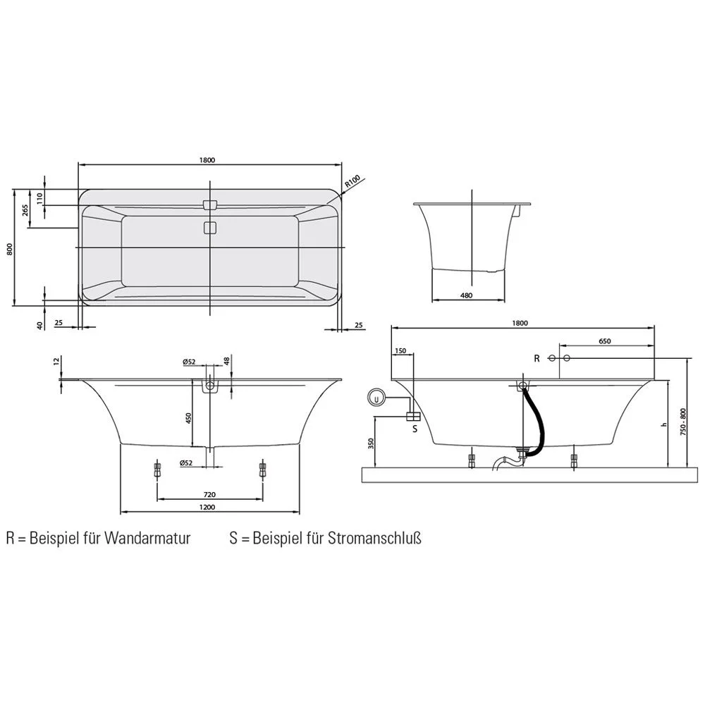 Rysunek techniczny wanny z wymiarami, Villeroy & Boch