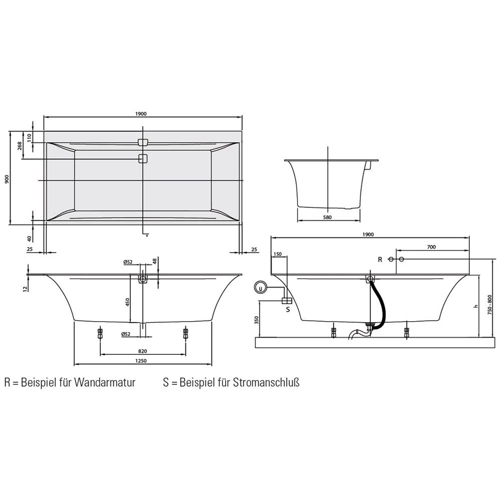 Rysunek techniczny wanny z wymiarami, Villeroy & Boch