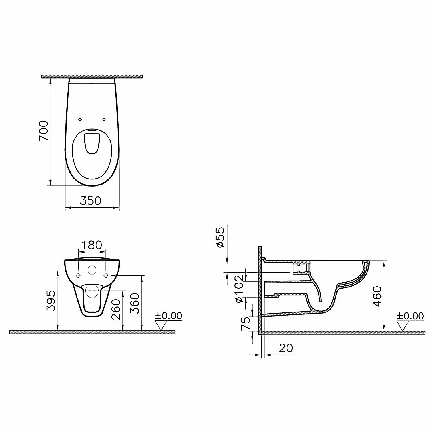 Rysunek techniczny WC ściennego z wymiarami, Vitra