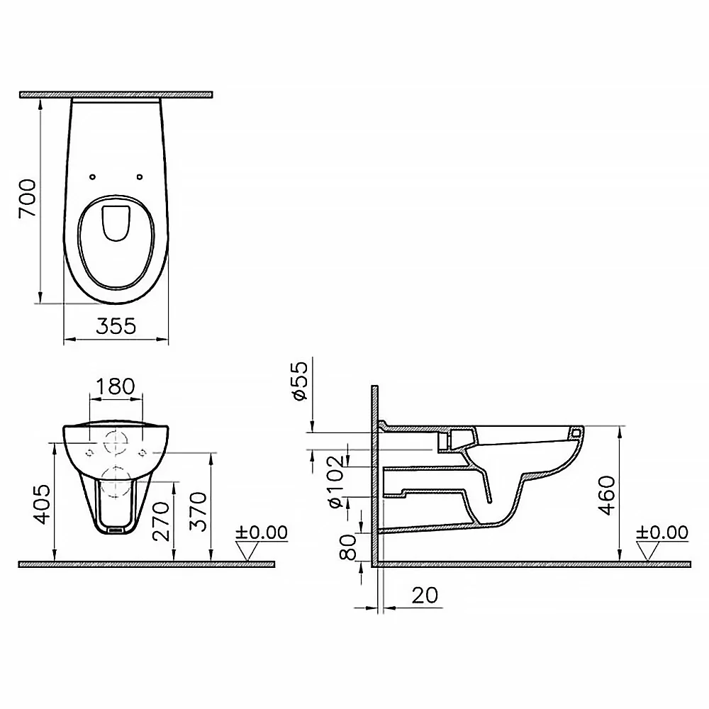 Rysunek techniczny WC ściennego z wymiarami, Vitra