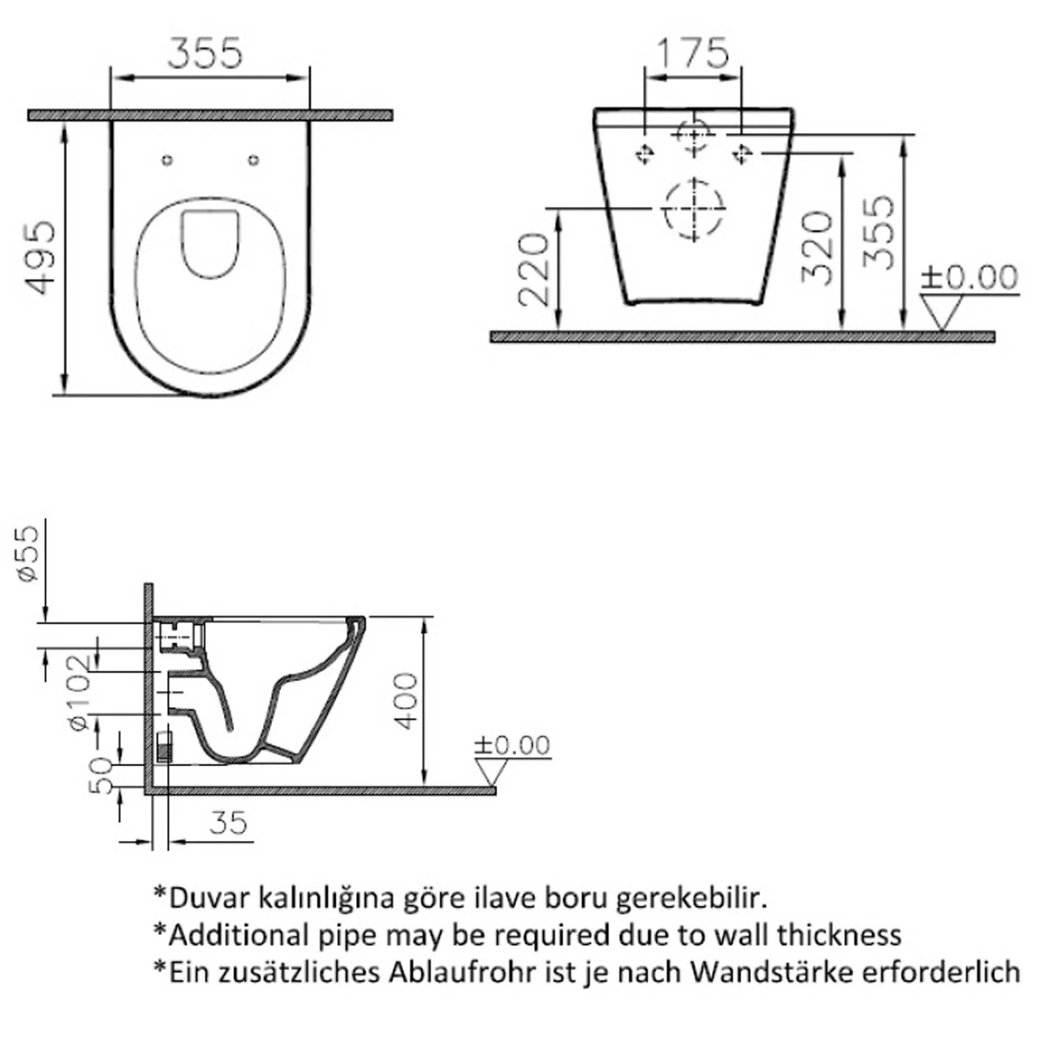 Rysunek techniczny toalety ściennej z wymiarami, Vitra
