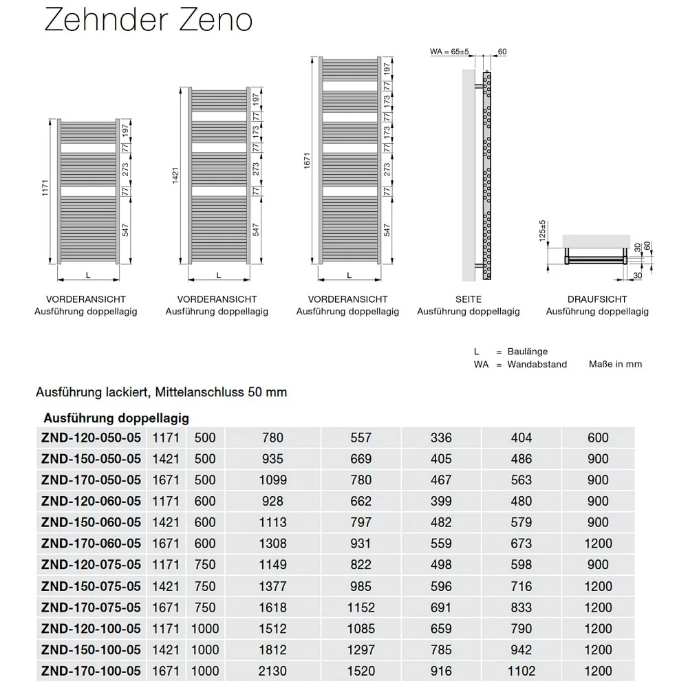 Rysunek techniczny grzejnika łazienkowego Zehnder Zeno, Zehnder