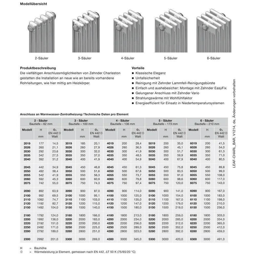 Zehnder Charleston 6026 Heizkörper 110,4 x 26 x 21 cm, Anschlussart 1706 Bild 4
