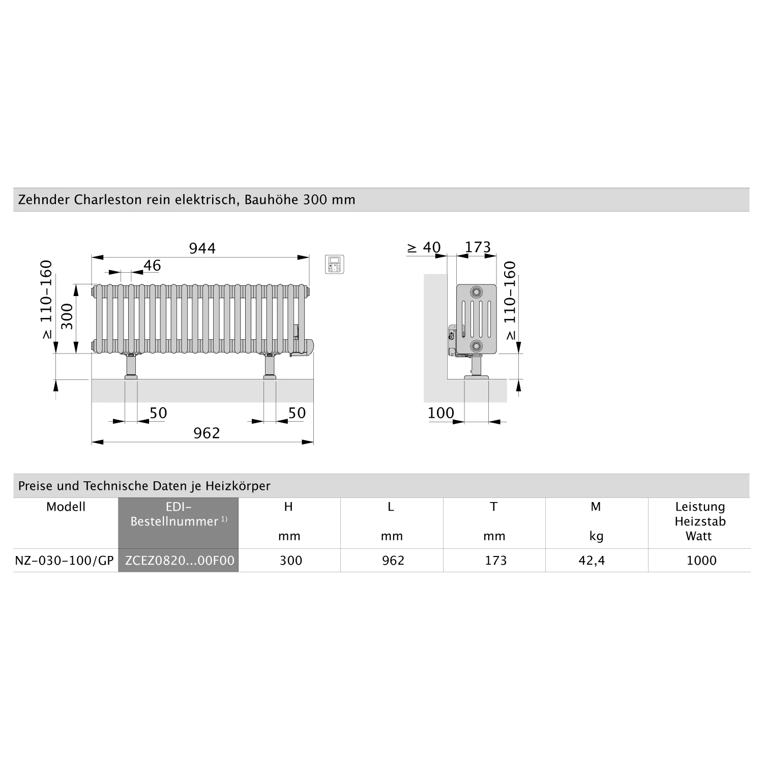 Zehnder Charleston NZ-030-100/GP Heizkörper 96,2 x 30 cm Elektro-Anschluß Bild 2