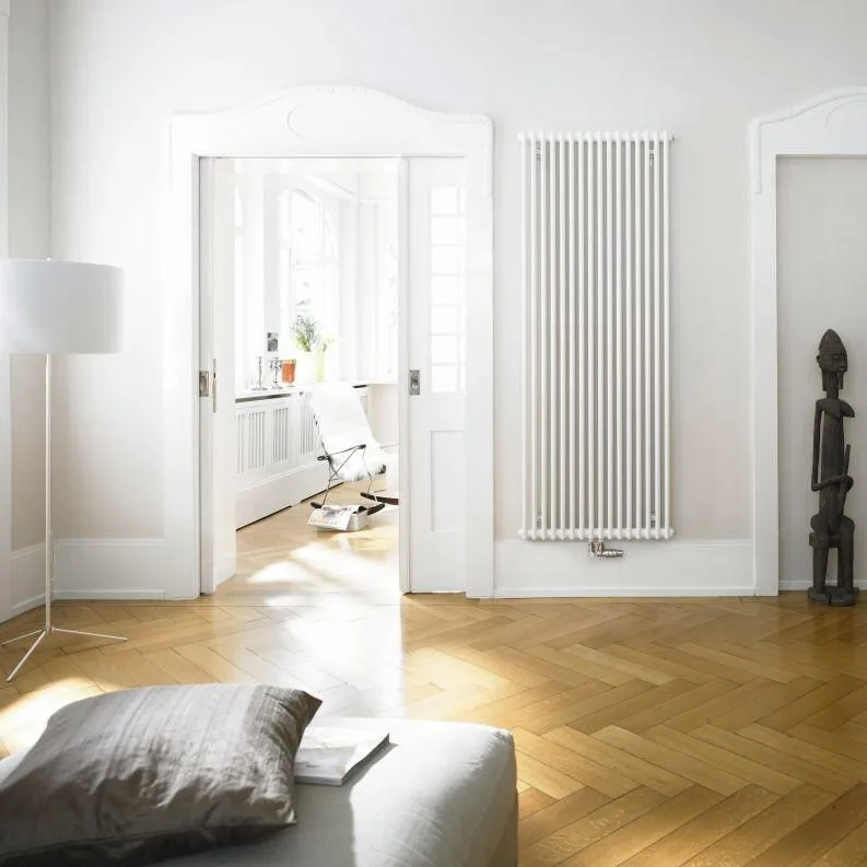 Salon z pionowym grzejnikiem na ścianie, Zehnder