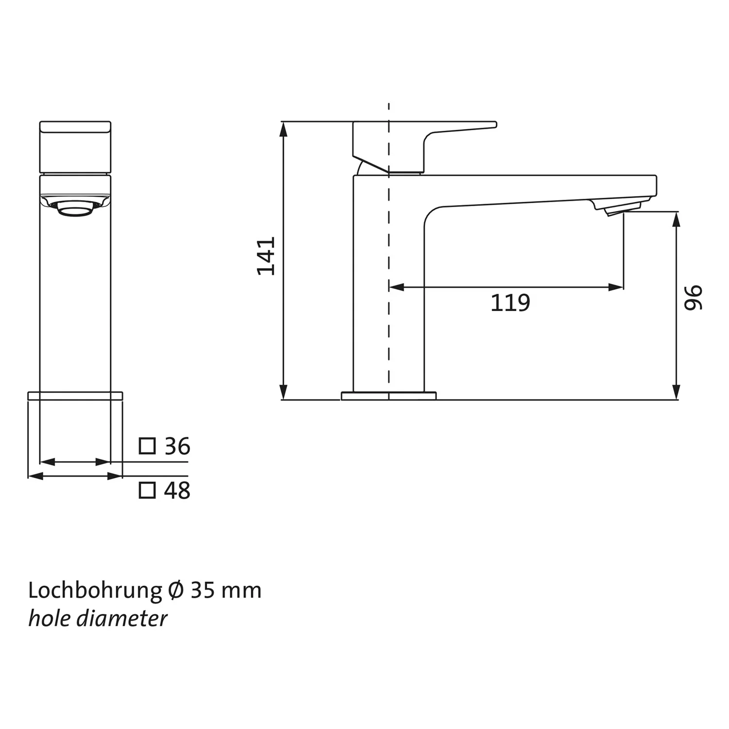 Rysunek techniczny baterii jednouchwytowej z wymiarami, Herzbach