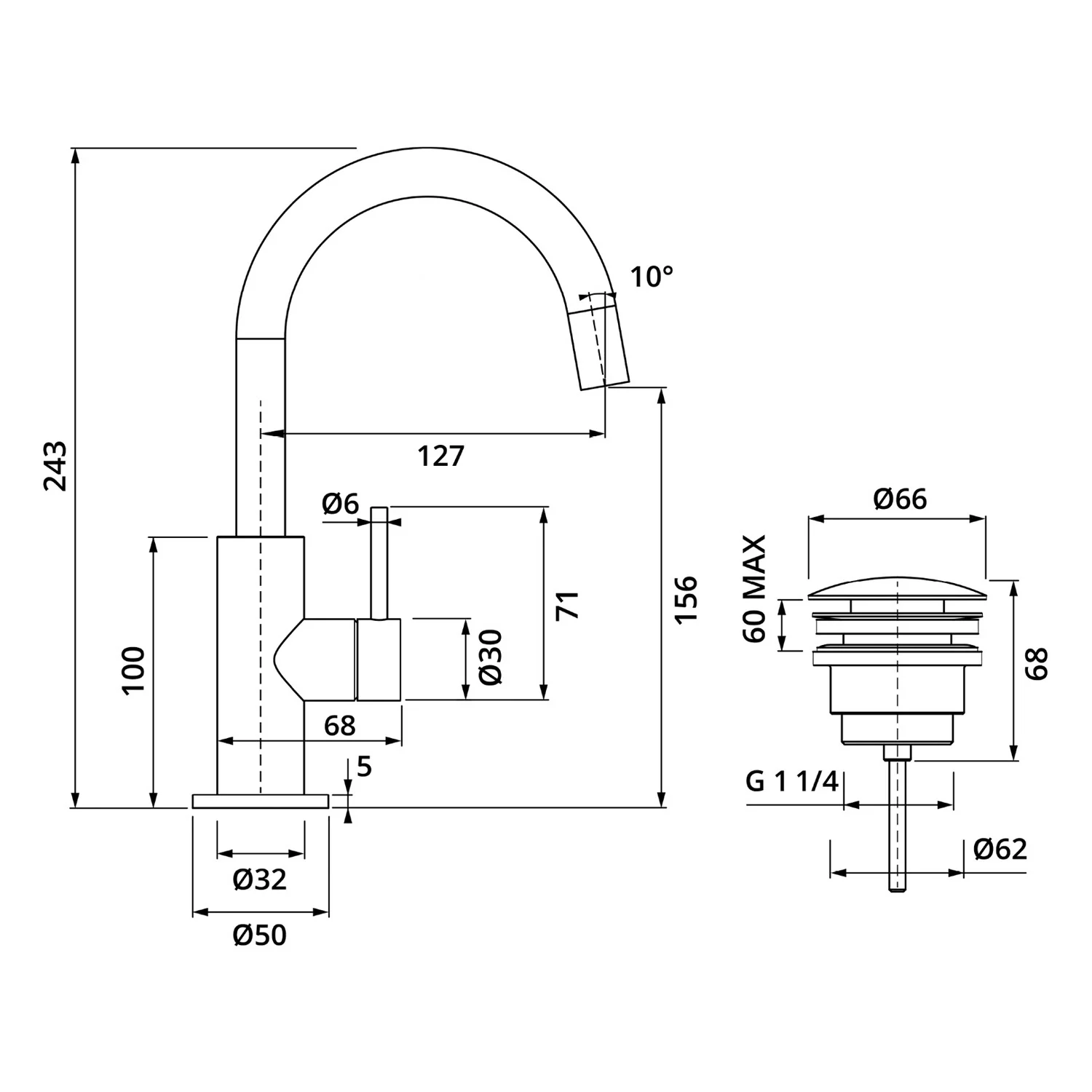 Herzbach DEEP IX Waschtischmischer Slim M-Size Griff seitlich mit PUSH-Ablaufventil Bild 3