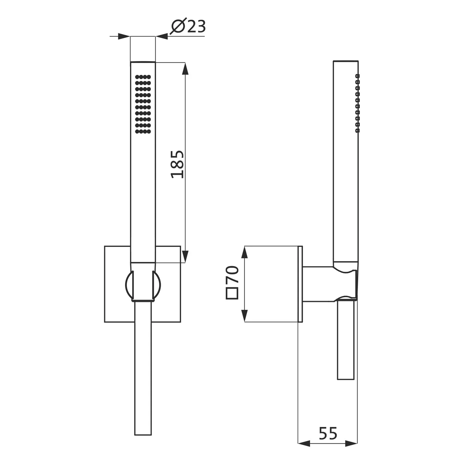 Rysunek techniczny prysznica ręcznego z wymiarami, Herzbach