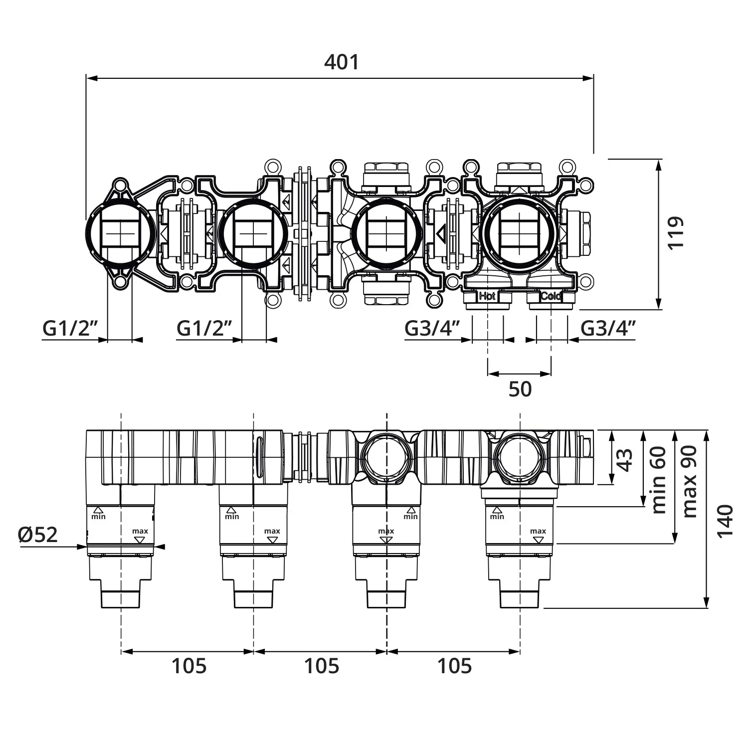 Herzbach MODUL7 Thermostat Einbaukörper mit Auslauf für 2 Verbraucher Bild 2