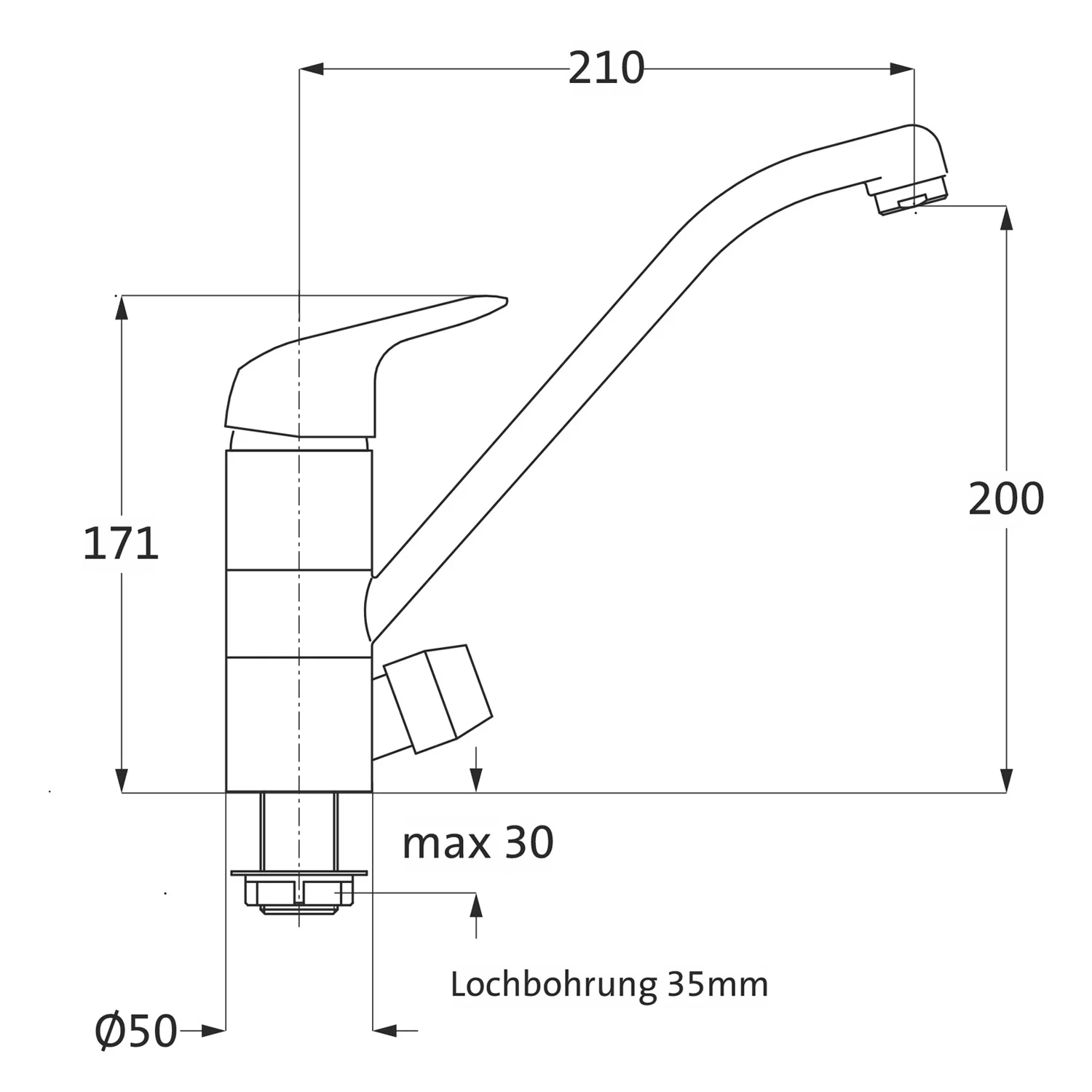Rysunek techniczny baterii kuchennej z wymiarami, Herzbach