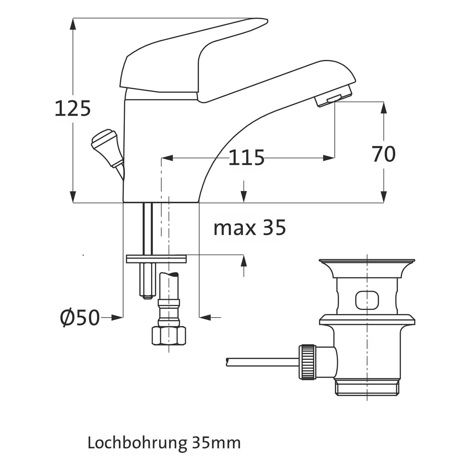 Rysunek techniczny baterii umywalkowej z wymiarami, Herzbach