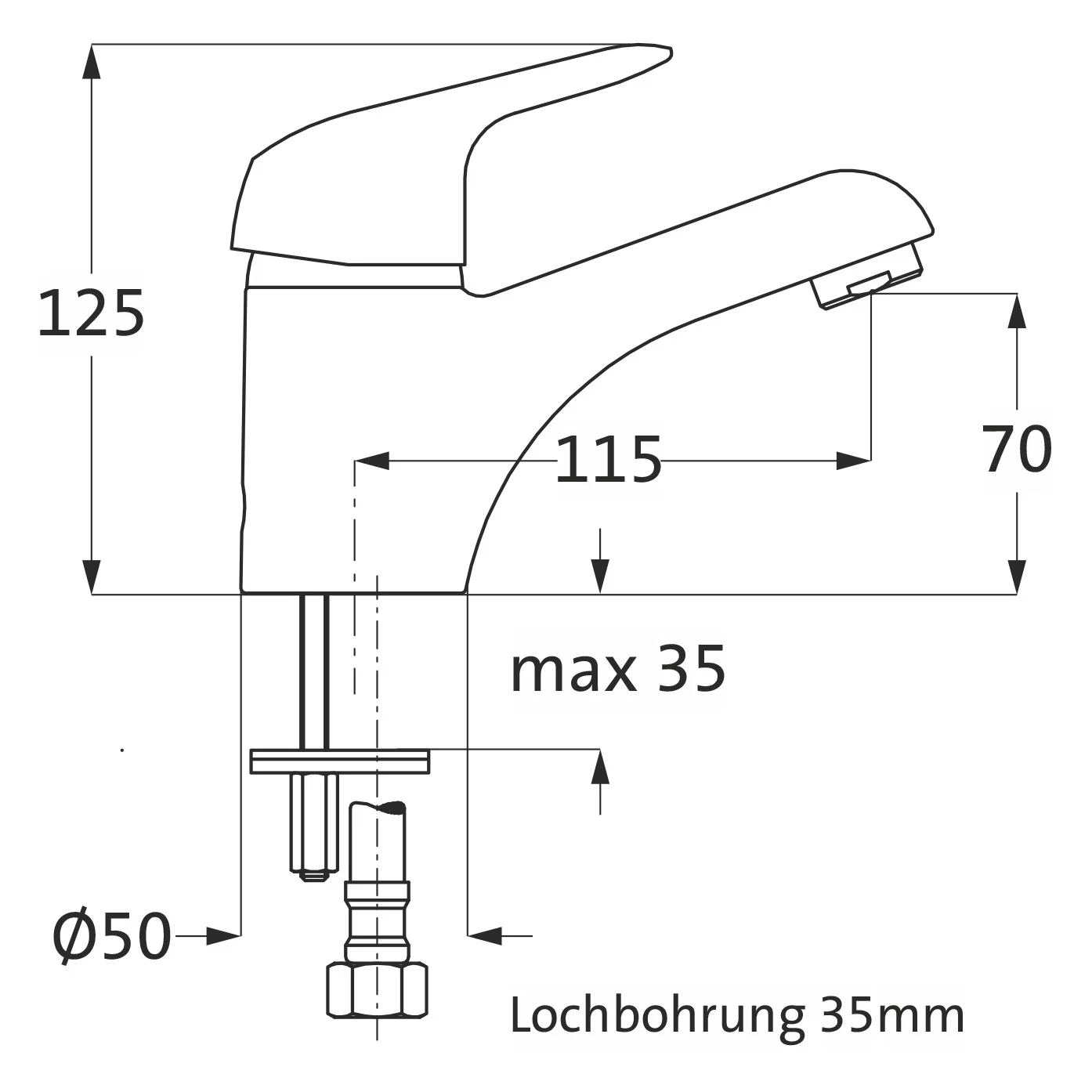 Rysunek techniczny baterii umywalkowej z wymiarami, Herzbach