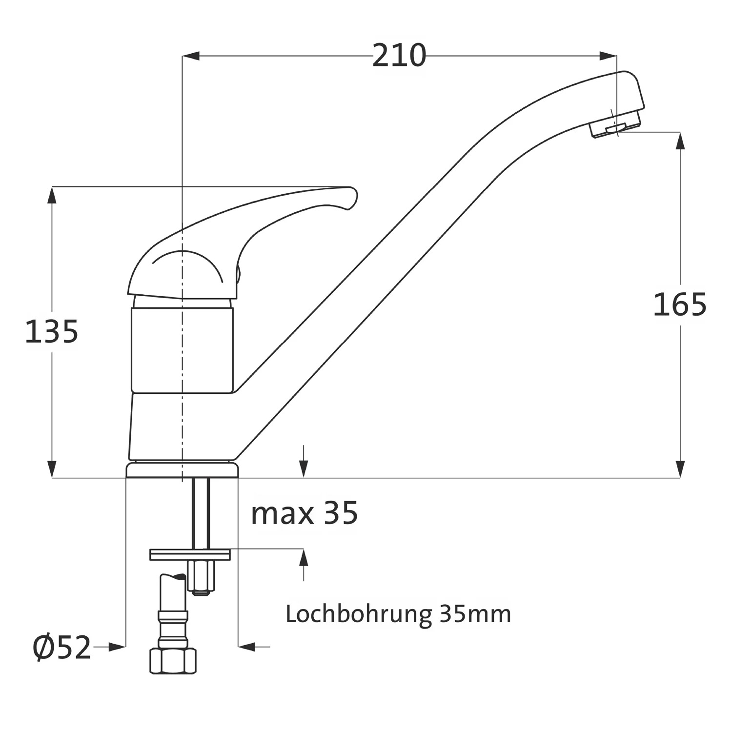Rysunek techniczny baterii kuchennej z wymiarami, Herzbach