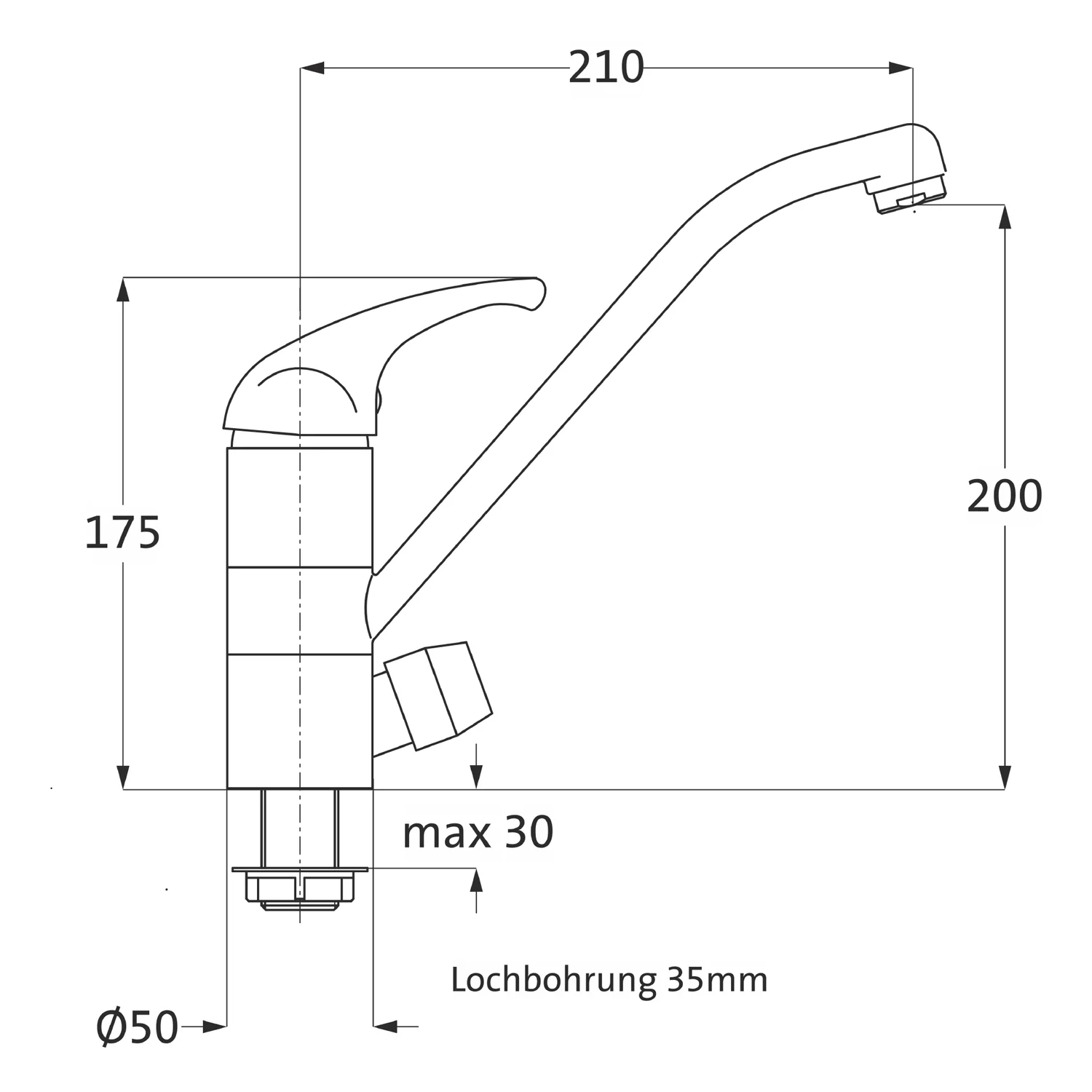 Rysunek techniczny baterii kuchennej z wymiarami, Herzbach
