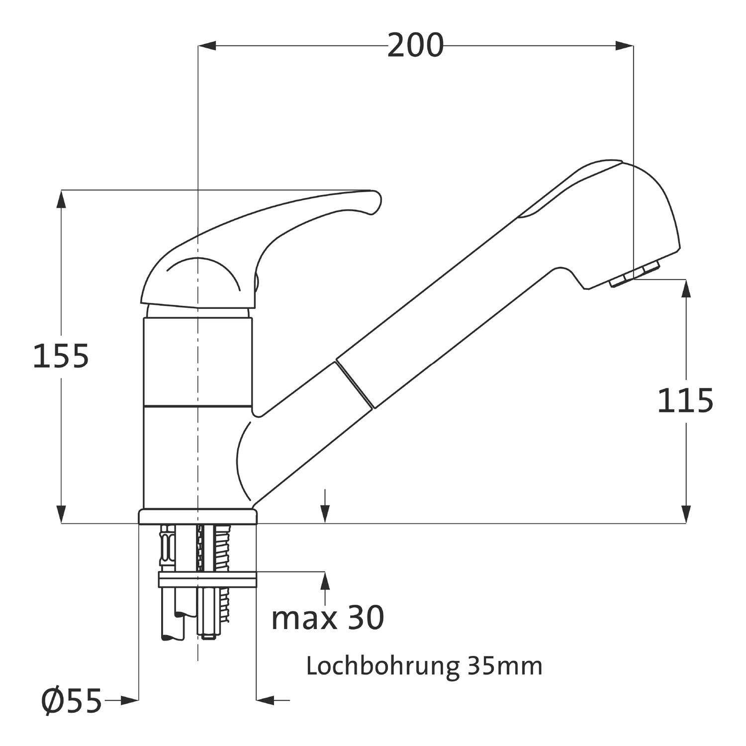 Rysunek techniczny baterii kuchennej z wymiarami, Herzbach