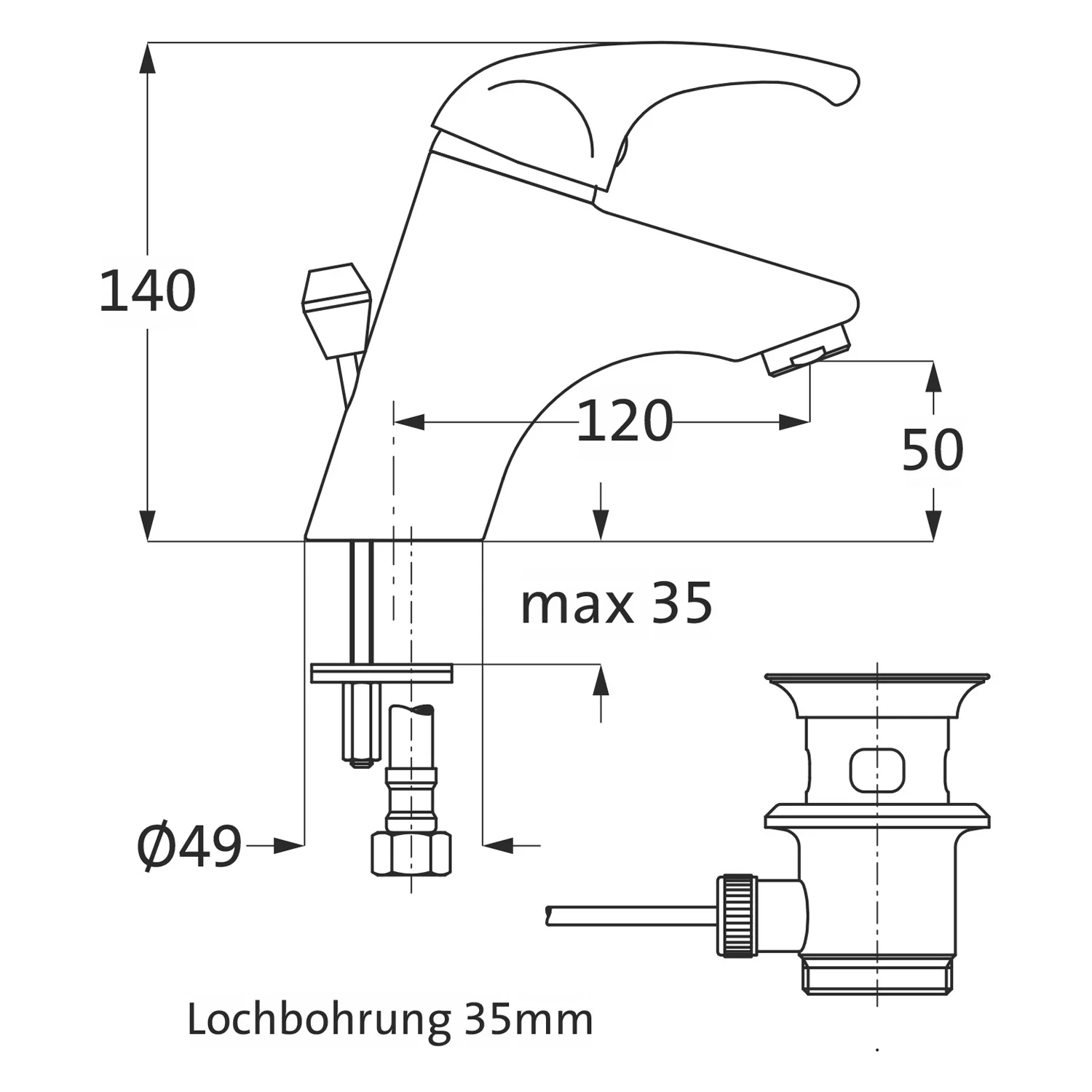 Rysunek techniczny baterii umywalkowej z wymiarami, Herzbach