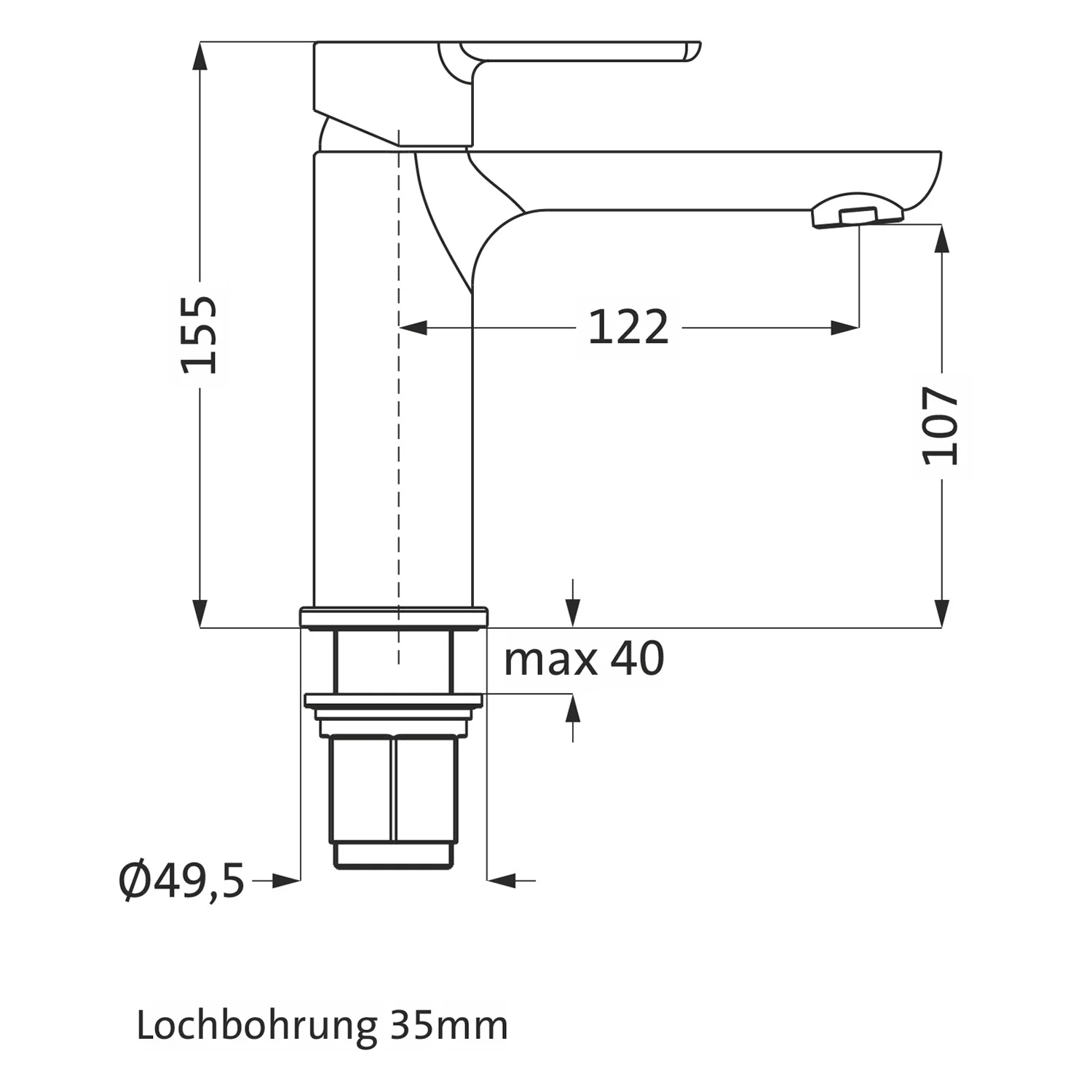 Rysunek techniczny baterii umywalkowej z wymiarami, Herzbach
