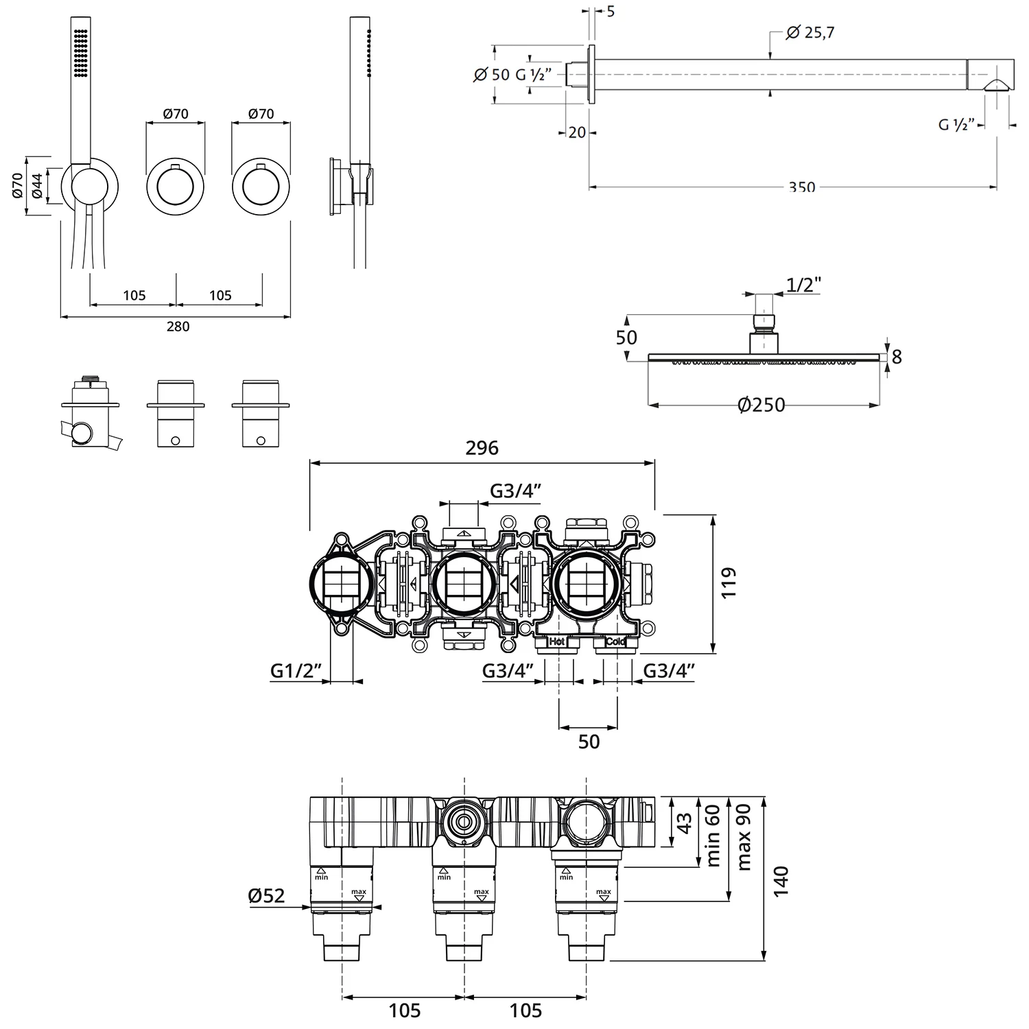 Herzbach MODUL7 IX Duschsystem T-RB250 mit Thermostat und Kopfbrause rund Bild 3