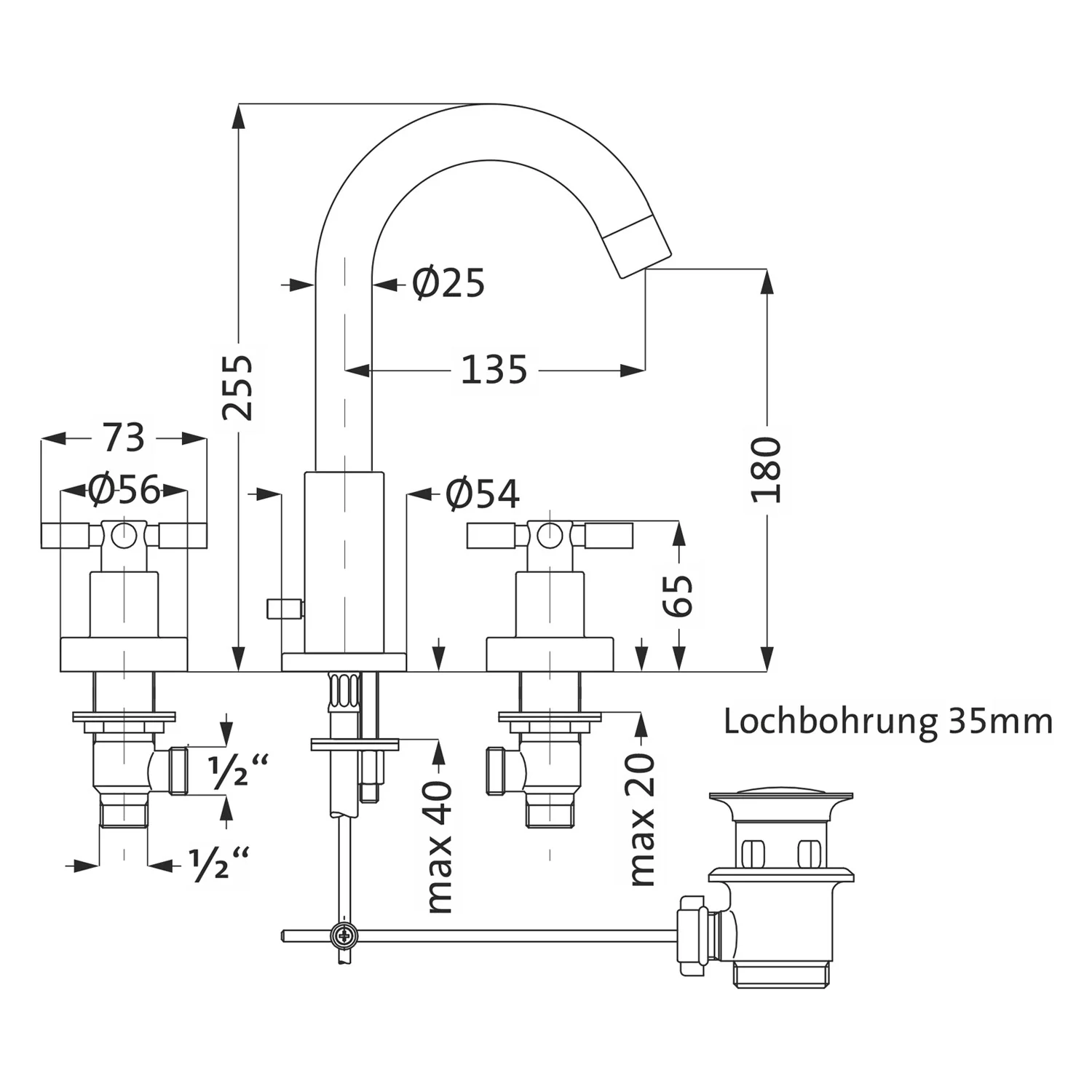 Rysunek techniczny baterii umywalkowej trzyotworowej, Herzbach