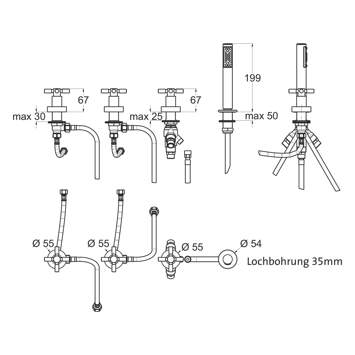 Rysunek techniczny baterii wannowej 4-otworowej, Herzbach