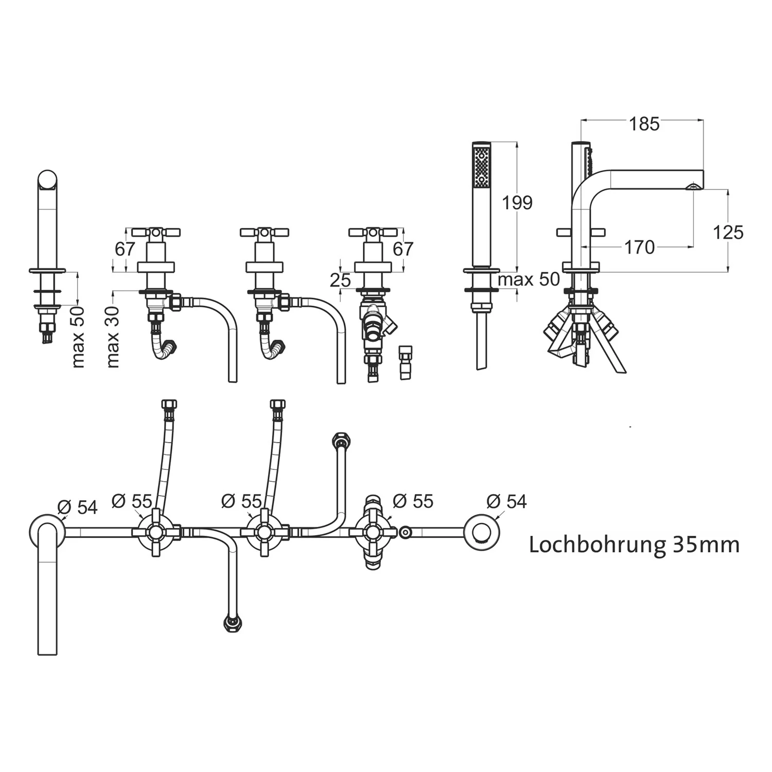 Rysunek techniczny baterii wannowej 5-otworowej, Herzbach