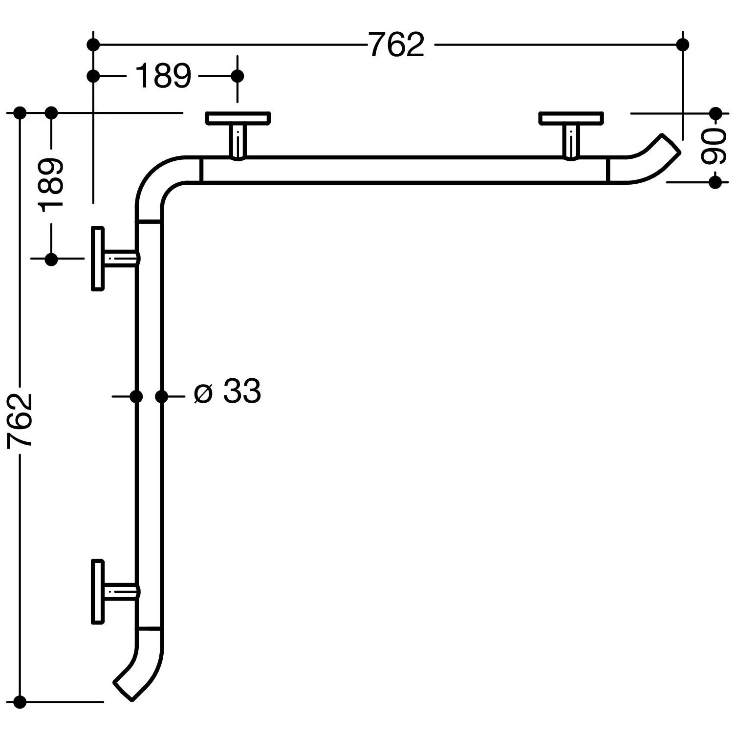 Rysunek techniczny poręczy wannowej 76 cm, Hewi