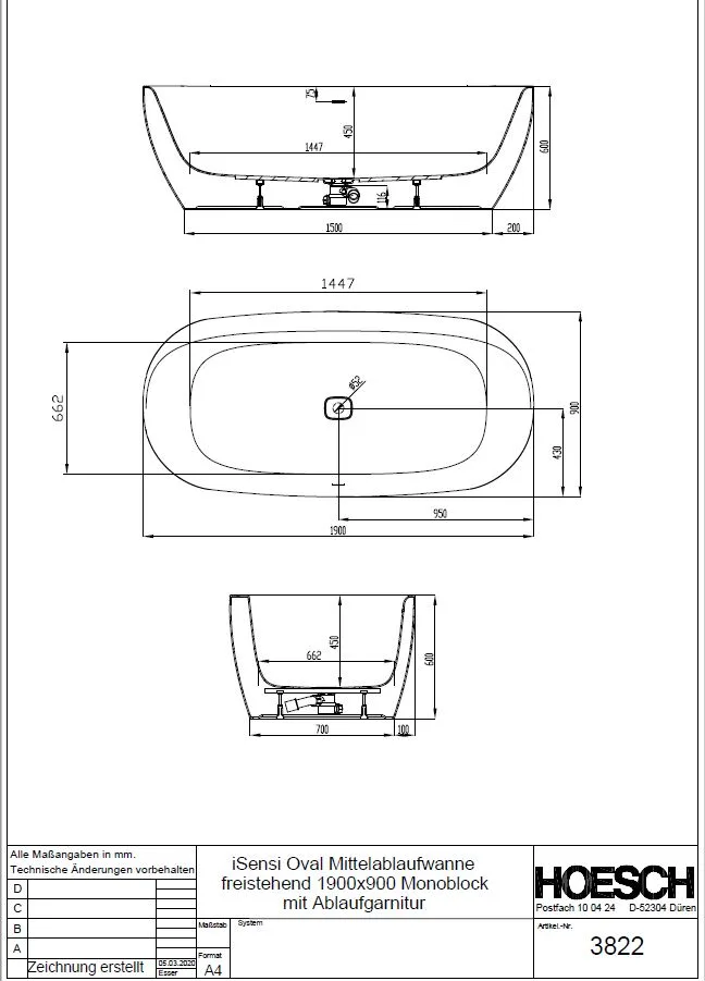 Hoesch iSENSI Ovalbadewanne 190 x 90 cm freistehend, mit Überlaufbefüllung in weiß Bild 3
