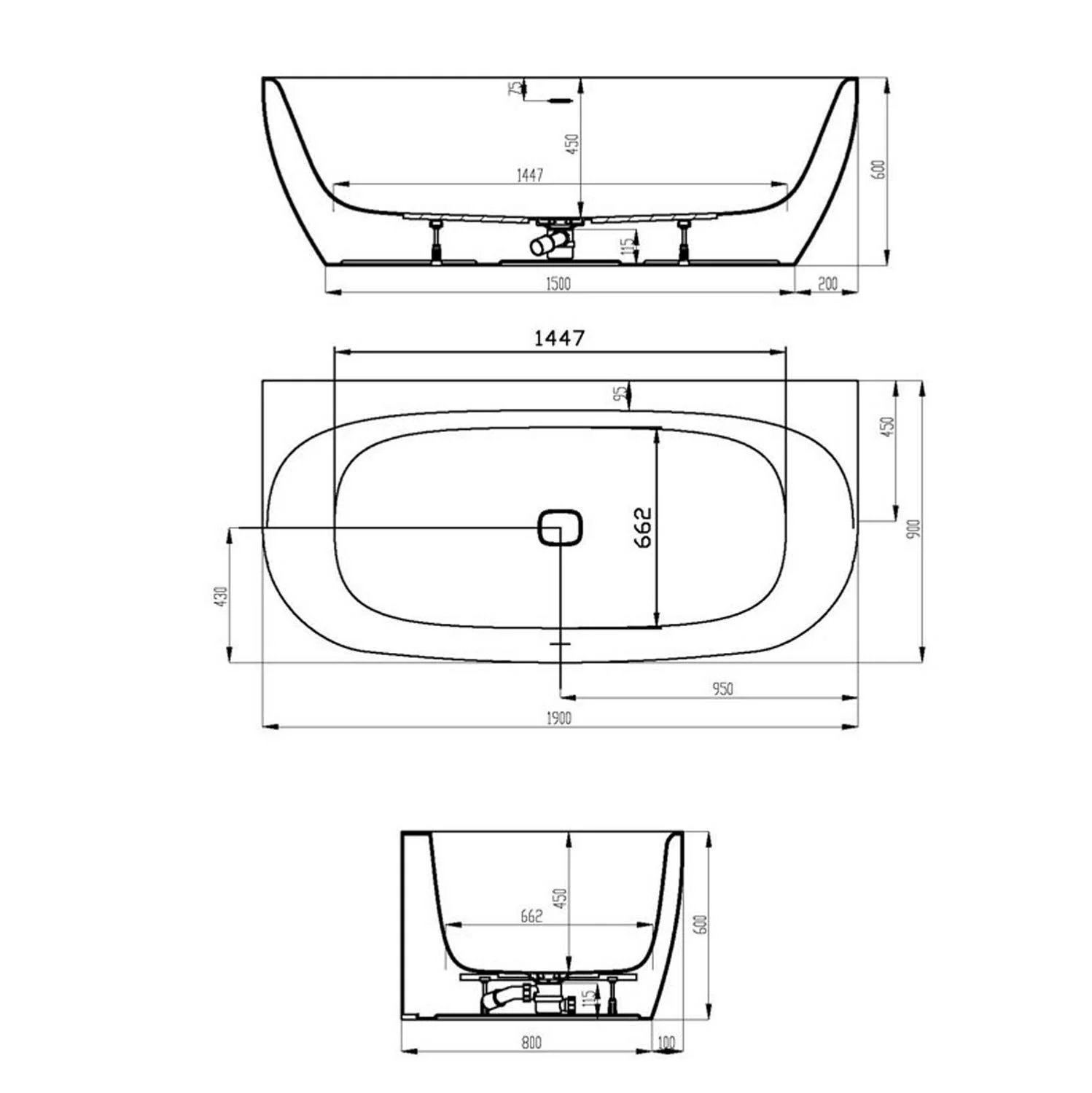 Hoesch iSENSI Vorwand-Badewanne 190 x 90 cm mit Überlaufschlitz und Klick-Klack Siphon Bild 3